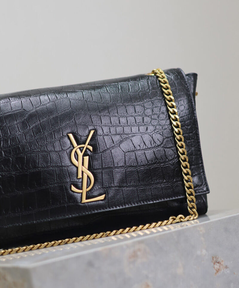 Saint Laurent Reversible Kate Medium In Crocodile-Embossed Leather Black